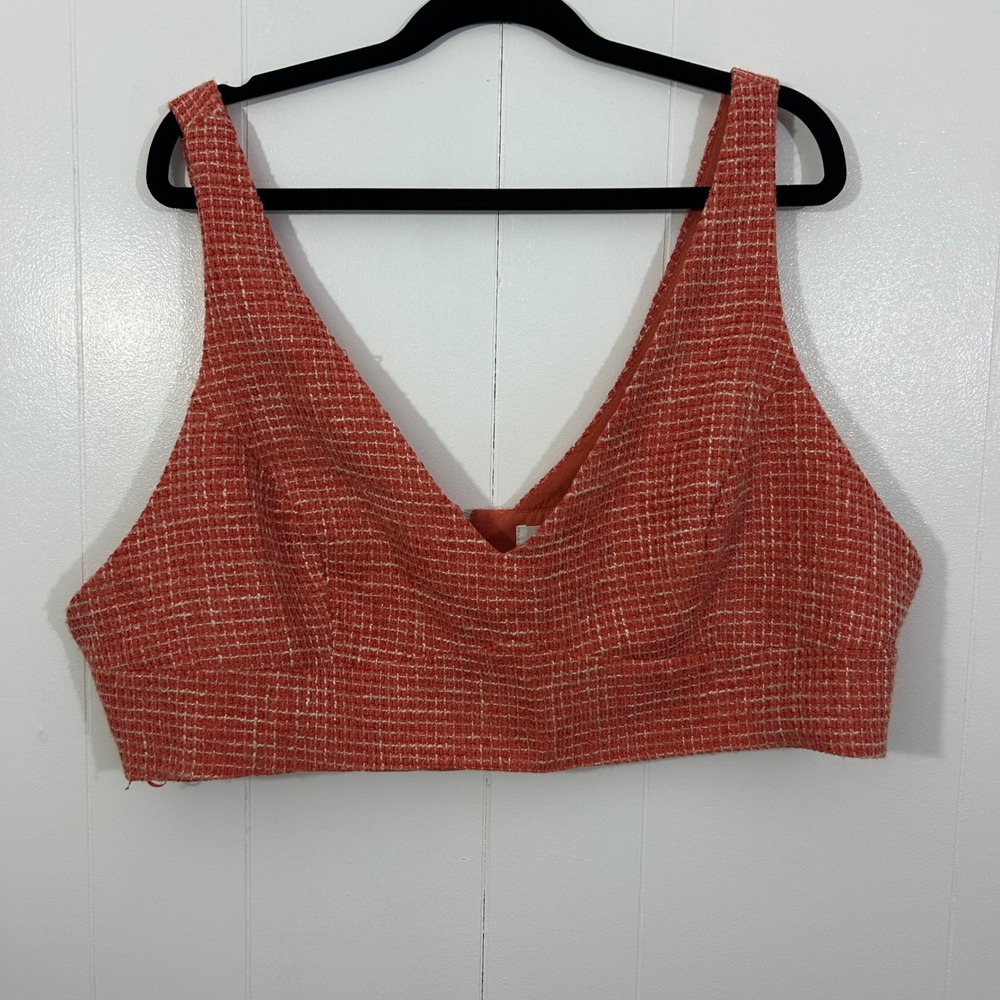 Showpo Orange‎ Tweed Plaid V-Neck Crop Top Sleeveless US 16 S012412-B
